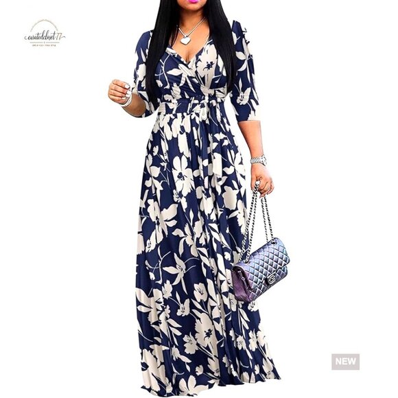 Dresses & Skirts - Plus Size Maxi Dress Wrap V Neck 3/4 Sleeve Casual Summer Sundress with Pockets